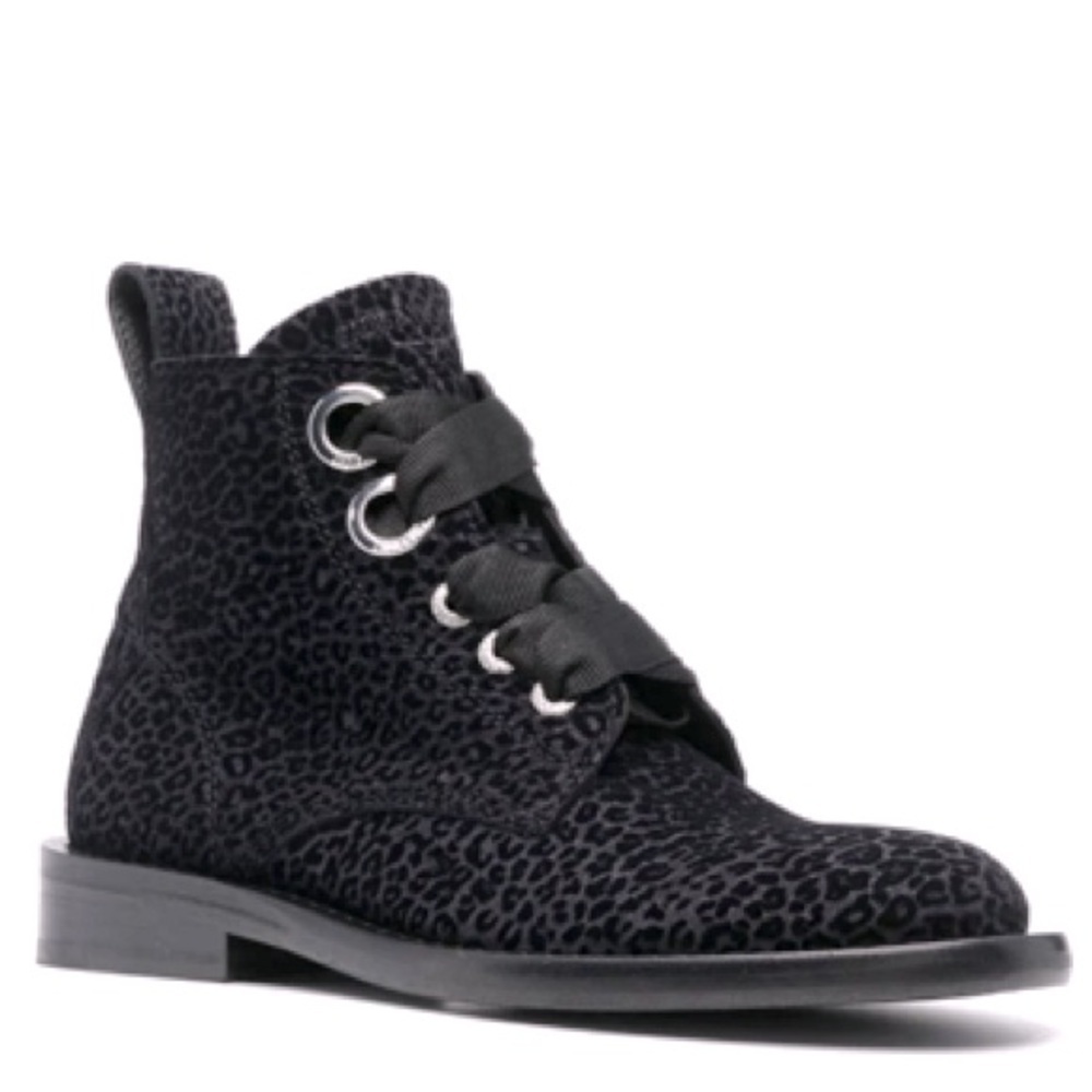 NIB Zadig & Voltaire Laureen Leopard Suede Lace Up Ankle Boots Ink Black Sz 36